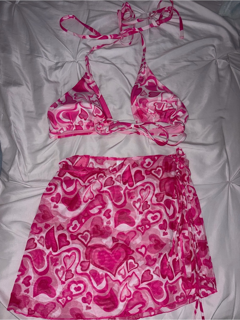 Pink Heart Print Bikini Top and Matching Skirt
